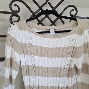 White House Black Market Cable Knit Striped Sweater - White and Tan